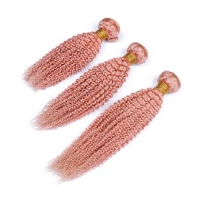 Rose Gold Human Hair Weaves Kinky Curly Hair Bundles Peruvian Virgin Hair Extensions 3Pcs Lot Rose Pink Bundles Afro Kinky For Sale