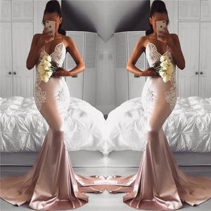 Mermaid Sexy Backless Prom Dresses Spaghetti Straps Lace Applique Sweep Train Elastic Satin Custom Made Evening Formal Gowns