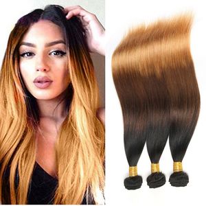 Indian Virgin Hair Raw Straight Ombre Tre Toner 1B / 4/30 Mänskliga Hårförlängningar 1B 4 30 Dubbel Vikt