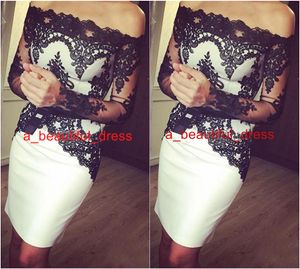 Sexy White and Black Cocktail Dresses Sheath Off the Shoulder Long Sleeves Satin Party Queen Gowns Cheap Short Prom Homecoming Dresses