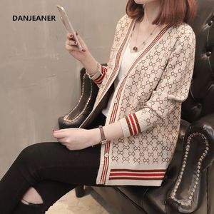 Danjeaner Koreansk stil Singelbröst Cardigans Kvinnor Tröjor Vinter V-Neck Långärmad Modig Tryckt Knitwear