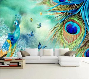Papel de parede personalizado 3D moda simples pavão rico e sorte auspicioso tv sofá fundo parede sala de estar decoração 0