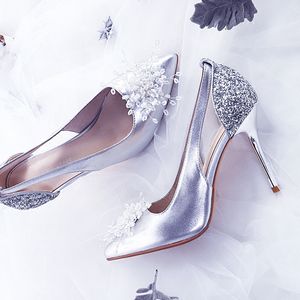Свадебные туфли Женские летние туфли на высоком каблуке на тонком каблуке сандалии Silver Point невесты обувь с блестками Обувь Леди насосы сандалии