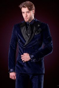 Navy Blue Velvet Groom Tuxedos Double-Breasted Groomsmen Wedding Dress Autumn Winter Style Men Formal Party Prom Suit(Jacket+Pants+Tie) 765