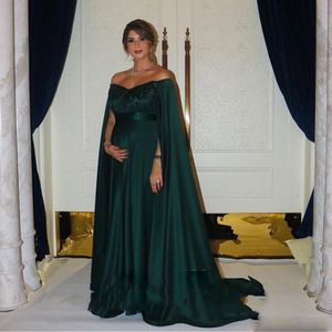 Robes de soir￩e Afrikanische dunkelgrüne Satin-Abschlussballkleider mit Umhang, elegante lange formelle Abendkleider, arabisches Partykleid, Vestido de Fiesta