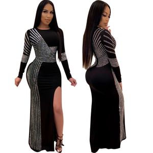 2019 Kobiety Sexy Maxi Prom Dresses Kostki Długość Długa Party Dress Stripe Rhinestone Z Długim Rękawem Zipper Side Slit Suit High Waist Sukienka Black S-3XL