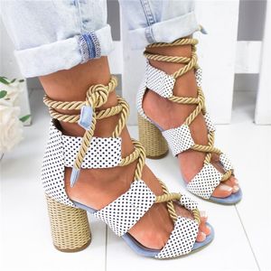 Hot Sale-adrilles Women Sandals Heel Pointed Fish Mouth Gladiator Sandal Hemp Rope Lace Up Platform Shoe Y19070203