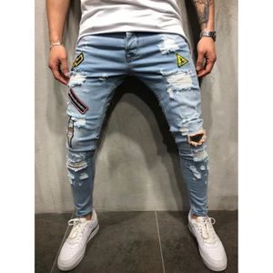 Men Stretchy Jeans Ripped Skinny Biker Jeans Destroyed Taped Slim Denim Pants CA