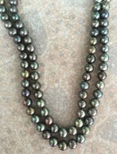 Awesome Free Shipping of 9-10mm black green pearl necklace 38 