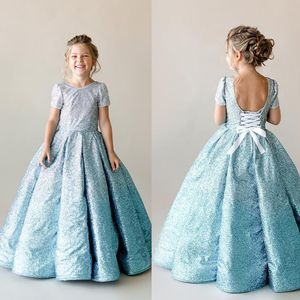 Light Blue Gradient Color Flower Girls Dresses Sparkly Sequined Ball Gown Floor Length Girls Pageant Gowns Birthday Party Formal Wear