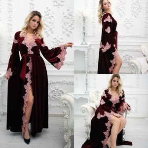 Kvinnor Vinter Sexig Velvet Lady Sleepwear Kvinnor Badrock V Neck Nattgong Burgundy Lace Robe Prom Bridesmaid Sjal