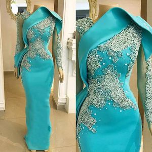 Eleganta pärlor blå sjöjungfru klänningar kvällslitage 2022 Långärmad Prom Party Gowns Abendkleider Robes de Soirée