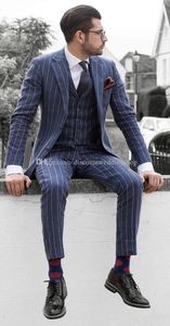 Alla moda strisce blu navy uomo lavoro abiti da lavoro smoking dello sposo risvolto notch uomini festa di nozze 3 pezzi abiti (giacca + pantaloni + gilet + cravatta) K189