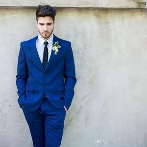 Två knapp Royal Blue Man Work Suit Groom Tuxedos Peak Lapel Men Prom Blazer Coat Bröllopskläder (Jacka + Byxor + Tie) H: 988