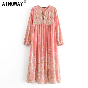 Vintage chic women pink floral print tassel bohemian midi dresses ladies rayon cotton pleated boho dress vestidos