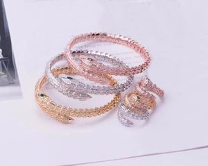 Fashion Brand Jewelry Sets Lady Brass Full Diamond Green Eyes Serpent Snake Scales 18K Gold Engagement Open Bracelets Rings Sets (1Sets)