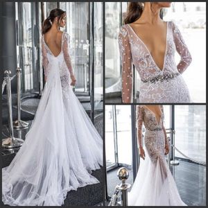 2019 Dimitrius Dalia Mermaid Bröllopsklänningar Bridal Gowns Robe de Mariée Långärmad V Neck Lace Vestito da Sposa Beach Boho Bröllopsklänning