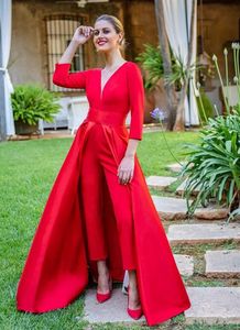 New Classic Red Jumpsuits Prom Dresses 3/4 Long Sleeves V Neck Formal Evening Party Gowns Cheap Special Occasion Pants HY4272