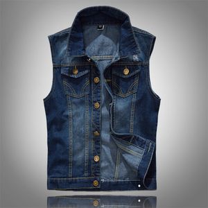 Cotton Dżingi Bez Rękawów Kurtka Kamizelka Mężczyźni Plus Rozmiar 5XL Dark Blue Denim Dżinsy Kamizelka Kowboj Kowboj Na Outdoors Waistcoat Mens Kurtki