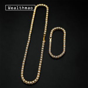 Hiphop Choker Bling Iced Out Rhinestones Chain Necklace For Men 5mm Silver Gold Color 1 Row Tennis Chains Necklaces Bracelet Set