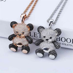 Hip Hop Cute Cartoon Panda Smycken Halsband Hänge Iced Out Zircon Mens Diamond Chain med repkedja