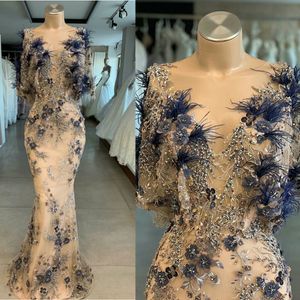 2020 Nya sjöjungfrun kvällsklänningar Sheer Neck Beaded Feathers Prom-kappor 3D Floral Appliques Designer Celebrity Dress