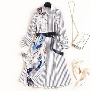 2019 Fall Autumn Long Sleeve Lapel Neck Elegant Striped Print Belted Panelled Single-Breasted Dress Casual Fashion Dresses OLB14L510