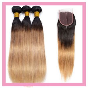 Peruwiańskie produkty do włosów ludzkich 1b/27 dwa tony kolor Virgin 10-28 cala 1b 27 proste wiązki z 4x4 Lace Closure JJ7G