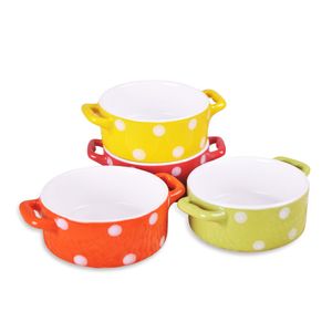 Polka Spot Dot Seramik Ramekin Mini Güveç Pişirme Yemekleri Yuvarlak Tatlı Puding Kasesi İki Kulak Kırmızı Sarı Turuncu Yeşil