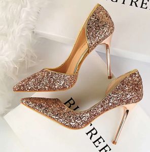 Hot Sale-Classic Design Crystal Shoes Golden Wedding Shoes Bride Side Hollow Silver High-heeled Shoes Slim-heeled Sequined Single Shoe Woman