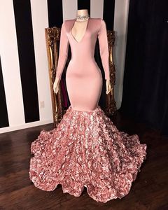 Sexy African Pink Mermaid Evening Dresses 3D Flowers Train V Neck Long Sleeve Elegant Floral Prom Party Gowns For Black Girls