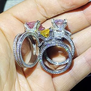 Three Color Diamond Vintage Jewelry 925 Sterling Silver Princess Cut 5A Zircon Big Gemstones Eiffel Tower Women Wedding Bridal Ring Gif