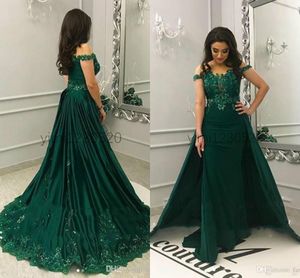 Dark Arabic Elegant Green Mermaid Dresses With Overskirt Off Shoulder Sweep Train Appliques Beads Long Formal Evening Party Gowns
