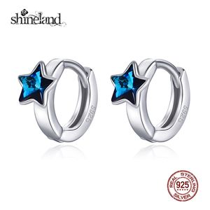 Shineland Blue Stars Okrągłe koło Hoop Kolczyki 925 Sterling Silver Jewelry Dla Kobiet Dziewczyny Oświadczenie Kolczyki Lato Gorące prezenty Y18110503