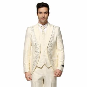 Embroidery Groom Tuxedos Ivory Groomsmen Mens Wedding Dress Peak Lapel Man Jacket Blazer Fashion 3 Piece Suit(Jacket+Pants+Vest+Tie) 1483