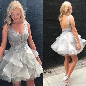 Charming Sliver Lace Homecoming Dresses Short Cheap V neck Open Back Tulles Ruffles Graduation Cocktail Party dresses