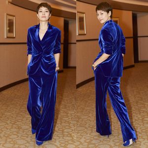 Blue Veet Two Pieces Evening Dresses Outfit V Neck Long Sleeve Slim Fit Women's Suits Custom Made Women Casual Party Clothes 326 326