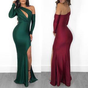 Sexy Women Slim Fit Evening Dresses One Shoulder High Slits Party Dresses Long Sleeve Floor Length Women Clothes