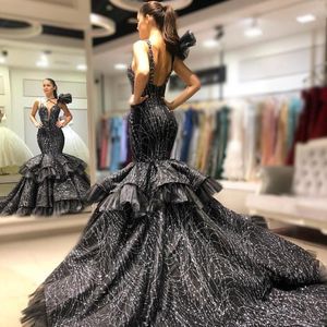 Frisado sereia brilhante baile de formatura cruz querida sem costas em camadas preto vestido de noite lindo celebridade vestidos no tapete vermelho es