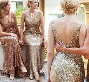 Rose Gold payetli Gelinlik 2021 Seksi V Yaka Hizmetçi Of Honor Gowns Backless Uzun Wedding Guest Abiye Artı boyutu AL6797 Bling