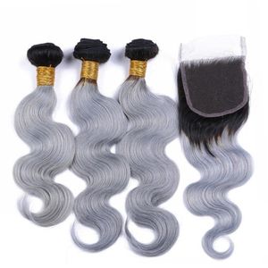 Silver Grey Ombre Human Hair Bundles and Closure Brazilian Body Wave #1B Gray Ombre Weaves Human Hair Bundles with Lace Closure 4x4"