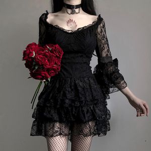 Mini abito da donna scuro dolce gotico punk floreale in pizzo e svasatura a rete maniche a tre quarti con spalle scoperte nero S-XXL