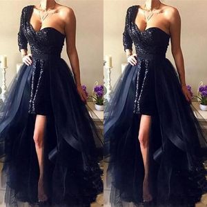 Navy Blue Sequined Evening Dresses Wear One Shoulder High Low With Detachable Train Sequins Ruffles Formal Party Dress Pageant Prom Gowns