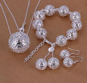 Set di gioielli placcati in argento 925 Modelli coreani di esplosione di gioielli Collana con braccialetto a sfera tridimensionale cavo Orecchini in tre pezzi