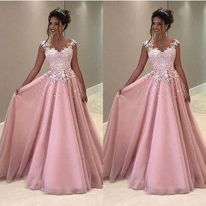 2020 Vintage A Line Pink Prom Dresses Lace Applique Cap Sleeve Sheer Back Evening Dresses Formal Party Gowns Cheap Long Dresses