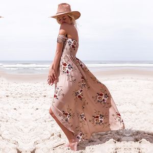 Fashion-Boho Стиль Длинное платье Женщины с плеча Пляж Летние платья леди Цветочный принт Винтаж шифон Белое платье макси Vestidos