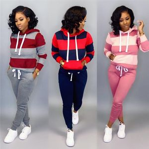 Plus size 3XL Women jogger suit 2 pieces set tracksuit hooded hoodies top+tights casual stripe patchwork winter fall outfits sweatsuit 1510