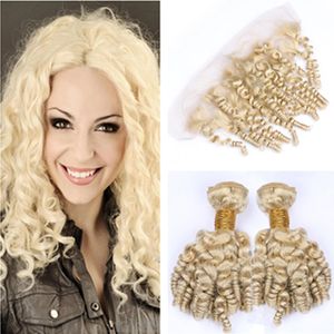 Blonde Funmi Curly Russian Hair Weave Bundles 2 Stück mit Frontal #613 Blonde Bouncy Curly Human Hair Wefts mit 13x4 Lace Frontalverschluss