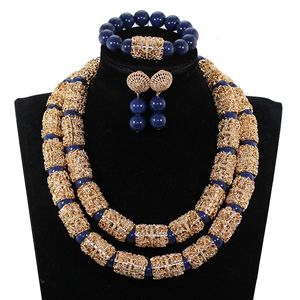 Navy Blue Splendid Nigerian Beaded Women Costume Jewelry Sets Dubai Gold Chunky Statement Necklace Set 2019 WE240 CJ191128