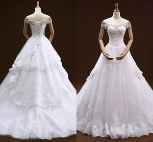 3層のフリルレースのアップリケの包帯プラスサイズのパーティードレスの花嫁vestidos deのための素晴らしいビーズの肩のウェディングドレス